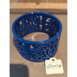 True‎ Blue Filigree Wide Cuff Bangle Bracelet Openwork Scroll Design Navy